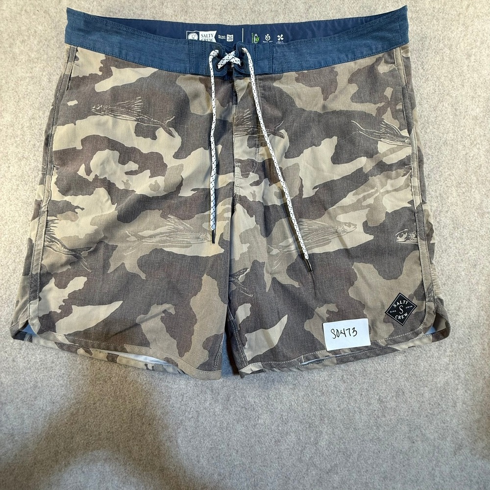 Salty Crew Mens Flying Fish Camo Board Shorts Brown Blue Size 36 Repreve Stretch